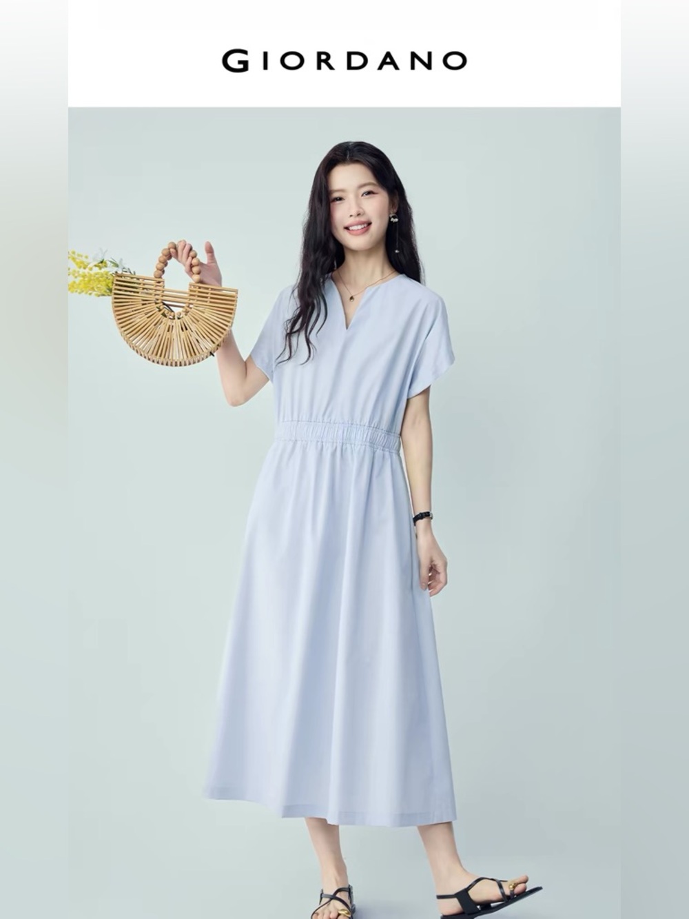 Giordano Minimalist Style Pure Cotton Elastic Waist V-Neck Short-Sleeve Dress